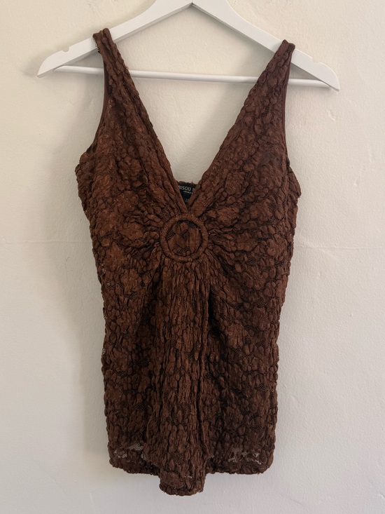 Bisou Bisou Tops - Vintage Bisou Bisou Brown Lace Trim Tank Top